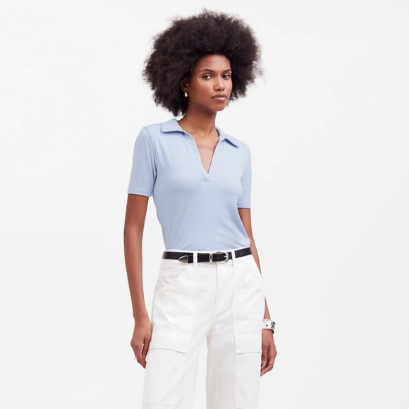 NWT Madewell Drapey Rib Short-Sleeve Polo Top - Picture 2 of 8